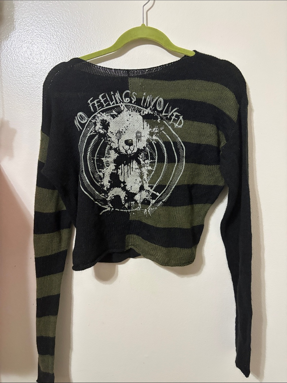 Hot Topic Black & Olive Green Striped Long-Sleeve Graphic Top
